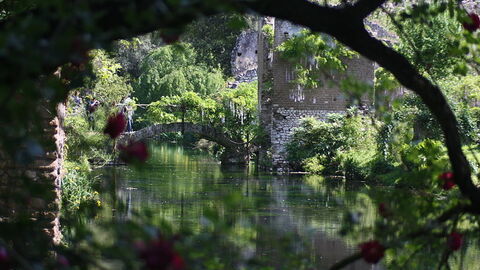 View across water at the Gardens of Ninfa