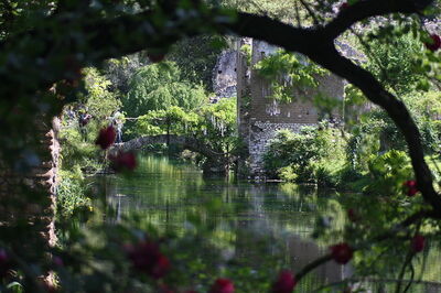 View across water at the Gardens of Ninfa