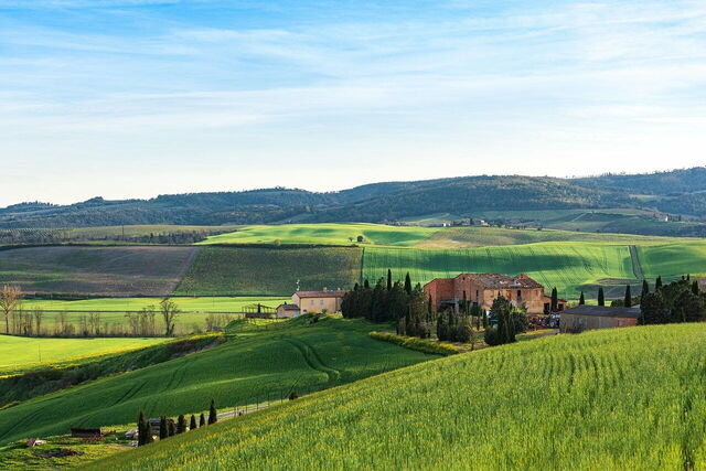 View of fields and hills in Tuscany