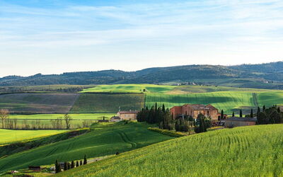 View of fields and hills in Tuscany