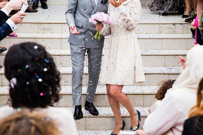 Bride and groom on steps