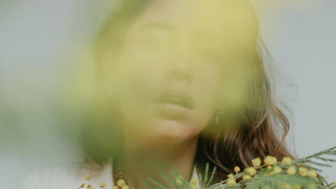 Woman with mimosa flowers