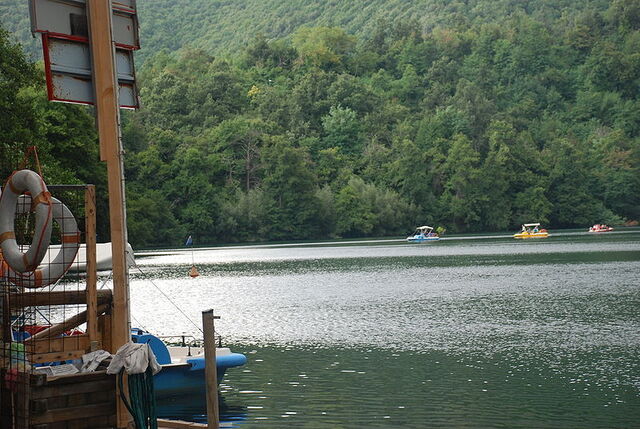 Boating on a lake of Monticchio