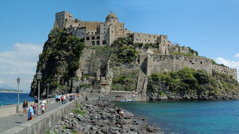 Road to Ischia island and Aragonese Castle