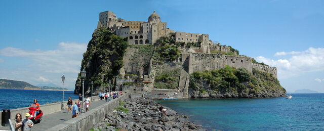 Road to Ischia island and Aragonese Castle