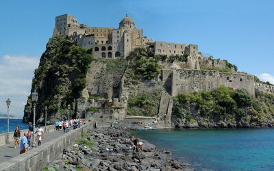 Road to Ischia island and Aragonese Castle
