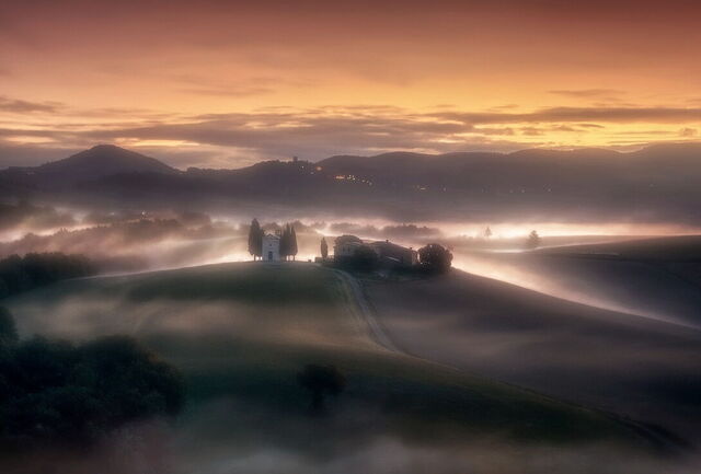 Tuscan countryside in the fog