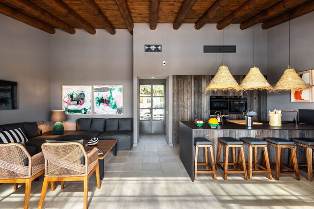 The kitchen and living room