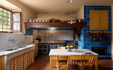 Villa Paola: Kitchen, Interior Design, Flooring, Wood, Furniture, Countertop, Floor, Lighting, Kitchen Appliance, Ceiling