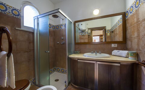 Villa Deli, In Positano, Sea View, Ac: Tap, Plumbing Fixture, Sink, Property, Mirror, Bathroom Sink, Blue, Bathroom, Purple