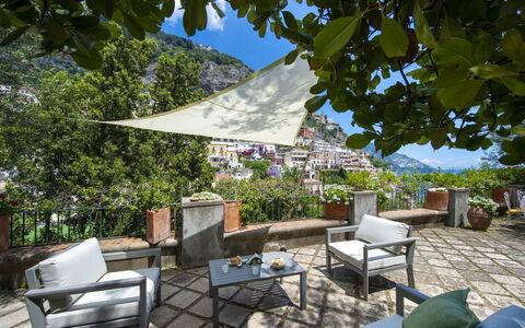 Villa Deli, In Positano, Sea View, Ac: Plant, Property, Furniture, Nature, Sky, Shade, Lighting, Architecture, Chair, Outdoor Furniture
