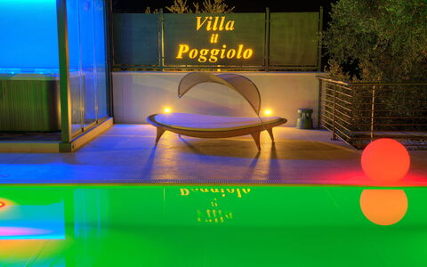 Villa Il Poggiolo Apartments - Diano Marina: Light, Lighting, Majorelle Blue, Night, Sky, Leisure, Table, Furniture