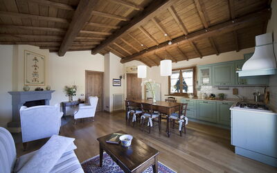 Living room, dining room and kitchen