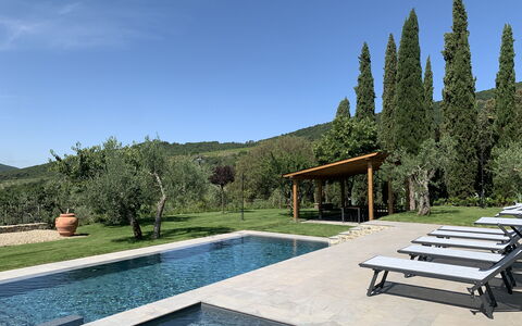 Villa Il Borgo: Water, Sky, Plant, Property, Outdoor Bench, Azure, Swimming Pool, Natural Landscape, Tree, Grass