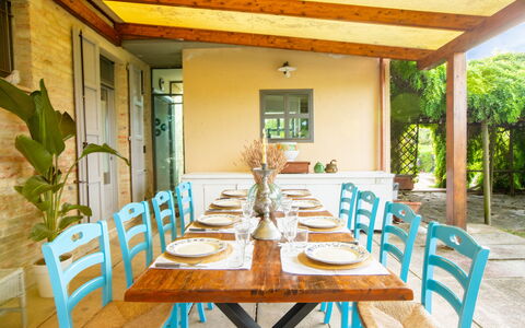 La Villa Di Ostra: Furniture, Interior Design, Chair, Table, Wood, Kitchen & Dining Room Table, Dining Room, Flooring, Ceiling, Floor