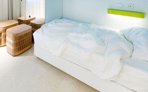 San Teodoro 733: Interior Design, Bedroom, Bed, Floor, Flooring, Lighting, Furniture, Bedding, Bed Sheet, Linens