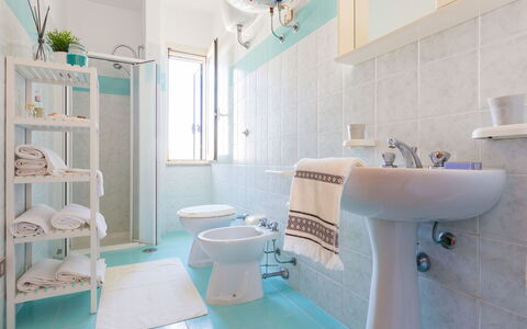 Appartamento Panorama Sul Mare: Bathroom, Room, Property, Blue, Turquoise, Toilet Seat, Plumbing Fixture, Bathtub, Interior Design, Tile