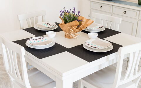 Villa Nettuno: Furniture, White, Coffee Table, Table, Tablecloth, Room, Dining Room, Textile, Interior Design, Home Accessories