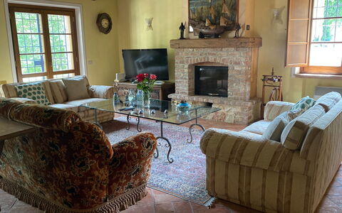 Beautiful Stone Country Villa: Brown, Furniture, Property, Window, Plant, Picture Frame, Table, Couch, Living Room, Interior Design