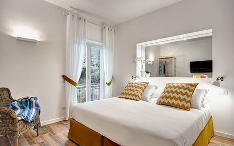 Sorrento Golden Apartment: Furniture, Window, Building, Comfort, Azure, Wood, Table, Textile, Bed Frame