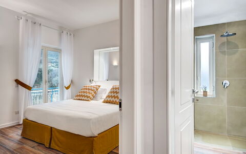 Sorrento Golden Apartment: Furniture, Building, Comfort, Wood, Shade, Door, Floor, Bed Frame, Window