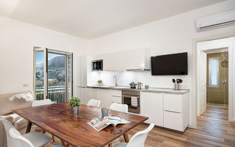 Sorrento Golden Apartment: Furniture, Table, Property, Cabinetry, Wood, Living Room, Countertop, Interior Design, Floor