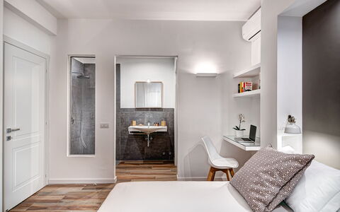 Luxury Blues Apartment: Furniture, Property, Building, Door, Picture Frame, White, Table, Mirror, Comfort, Interior Design