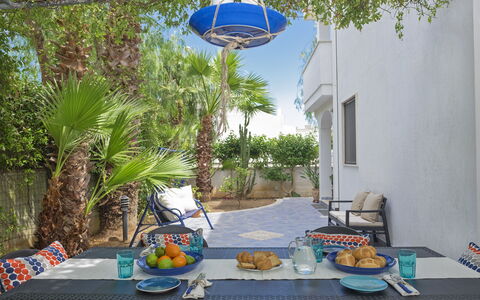 Villa Marlene: Furniture, Property, Food, Table, Plant, Sky, Tableware, Azure, Blue, Building