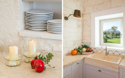 Villa Bellavista: Cabinetry, Tableware, Food, Countertop, White, Plant, Tap, Sink, Wood, Dishware
