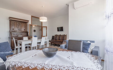 Cattolica Sea Loft: Table, Furniture, Property, Chair, Azure, Tablecloth, Wood, Picture Frame, Interior Design, Decoration