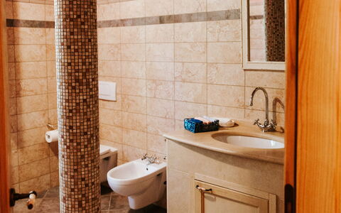 Villa Millefiori: Brown, Sink, Cabinetry, Tap, Plumbing Fixture, Bathroom Cabinet, Building, Bathroom, Wood, Interior Design