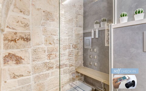 Vico Bianco Raro Rooms: Floor, Wall, Flooring, Brick, Wood, Plumbing Fixture, House, Facade, Bathroom, Building