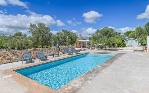 Trullo Ulivo: Water, Cloud, Sky, Swimming Pool, Plant, Azure, Tree, Body Of Water, Building, Composite Material