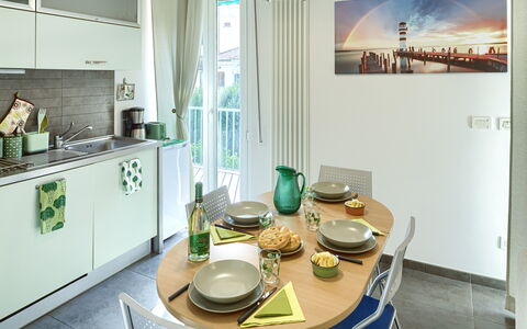 Apartment Serena - Levanto: Property, Cabinetry, Tableware, Countertop, Food, Dishware, Interior Design, Kitchen Appliance, Cup, Table