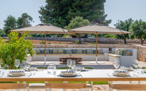 Trullo Under The Apulian Sky: Table, Plant, Sky, Furniture, Tree, Flowerpot, Chair, Outdoor Furniture, Tableware, Umbrella