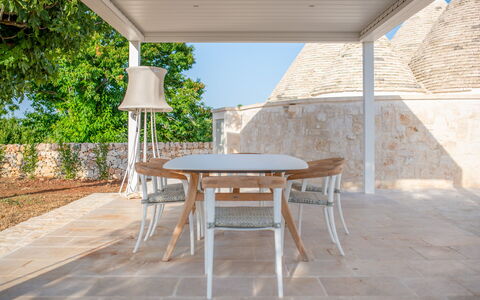 Trullo Under The Apulian Sky: Table, Plant, Furniture, Chair, Wood, Outdoor Table, Interior Design, Outdoor Furniture, Shade, Tree