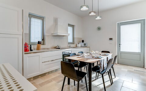 Trullo Under The Apulian Sky: Furniture, Table, Cabinetry, Countertop, Window, Chair, Wood, Interior Design, Kitchen, Architecture