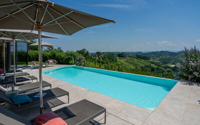 Relais Casa Clara - Roero - Langhe, Piemonte: Blue, Swimming Pool, Resort, Outdoor Furniture, Sunlounger, Eco Hotel, Landscaping, Shade, Chair, Umbrella