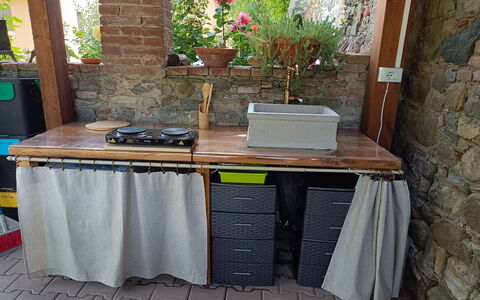 Locanda Di Alberi Without Kitchen: Wood, Kitchen, Countertop, Wood Stain, Kitchen Appliance, Kitchen Sink, Houseplant, Plumbing Fixture, Kitchen Stove, Home Appliance