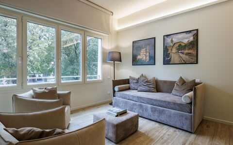 Betty Florence Charming Modern Apartment Near Piaz: Couch, Property, Furniture, Picture Frame, Wood, Interior Design, Lighting, Window, Floor, Shade