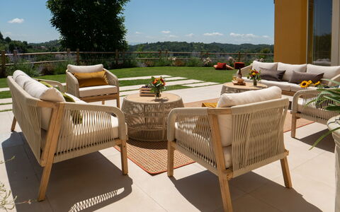 Casa Gallo - Roero - Langhe, Piemonte: Sky, Table, Property, Plant, Building, Cloud, Wood, Outdoor Furniture, Shade, Outdoor Table