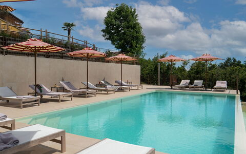 Casa Gallo - Roero - Langhe, Piemonte: Water, Sky, Cloud, Property, Swimming Pool, Plant, Flag, Tree, Shade, Outdoor Furniture