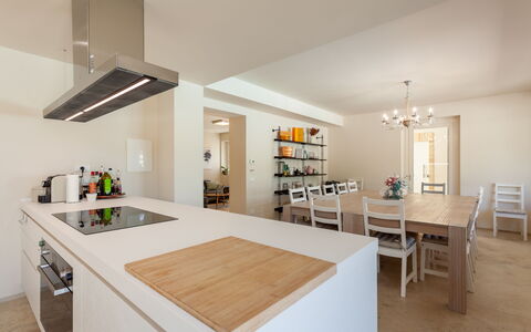 Villa Aso: Furniture, Interior Design, Flooring, Countertop, Kitchen, Floor, Wall, Wood, Ceiling, Kitchen & Dining Room Table