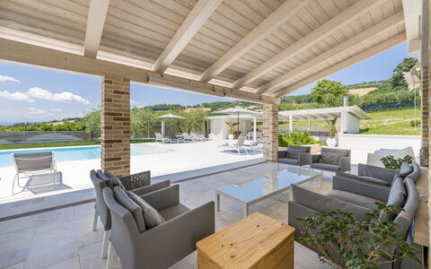 Villa Aso: Outdoor Furniture, Porch, Shade, Chair, Estate, Kitchen & Dining Room Table, Outdoor Structure, Patio, Resort, Beam