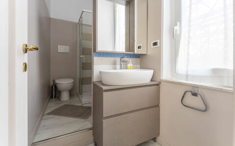 A Due Passi da Camogli 2, Seaview, Wifi: Property, Plumbing Fixture, Tap, Sink, Bathroom Cabinet, Window, Bathroom, Interior Design, Mirror