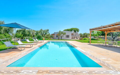 Villa Del Capitolo Con Trullo: Water, Plant, Sky, Property, Swimming Pool, Azure, Shade, Tree, Body Of Water, Outdoor Furniture