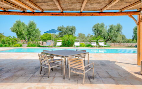 Villa Del Capitolo Con Trullo: Table, Furniture, Plant, Chair, Shade, Interior Design, Sky, Swimming Pool, Outdoor Furniture, Building