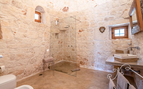 Villa Del Capitolo Con Trullo: Property, Plumbing Fixture, Interior Design, Wood, Building, Brick, Flooring, Floor, Bathroom, Real Estate