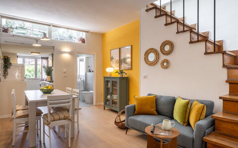Lucca Old Town Apartment - Lucca, Toscana: Furniture, Interior Design, Flooring, Room, Couch, Floor, Wood, Ceiling, Table, Living Room
