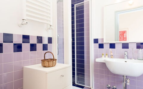 Angelico: Property, White, Purple, Plumbing Fixture, Blue, Azure, Bathroom, Rectangle, Interior Design, Floor